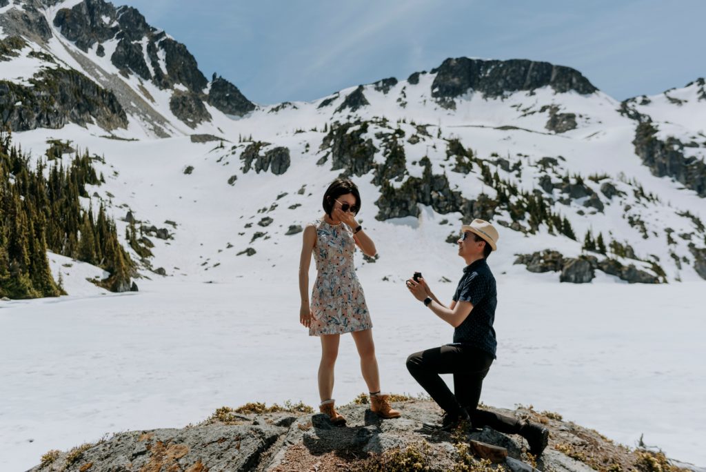 A woman in a floral dress stands on a rock in a snowy mountainous area, covering their mouth in surprise. A man, kneeling on one knee and holding a ring is proposing. Trees and rugged snow-capped peaks dominate the background under a clear sky.