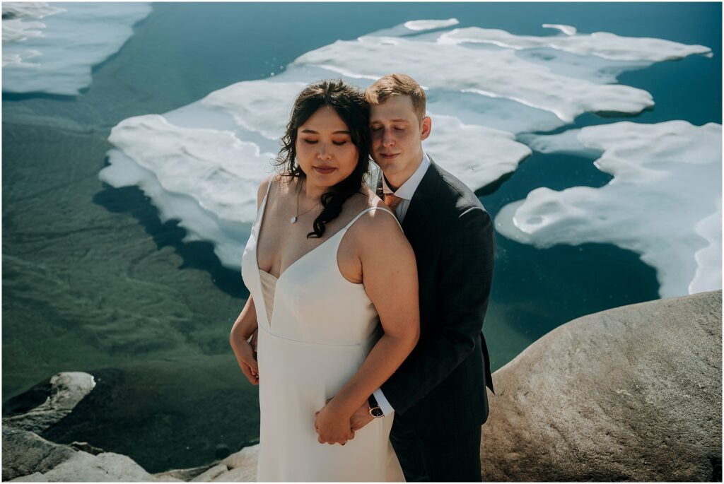 bride and groom portrait on ipsoot glacier in whistler bc